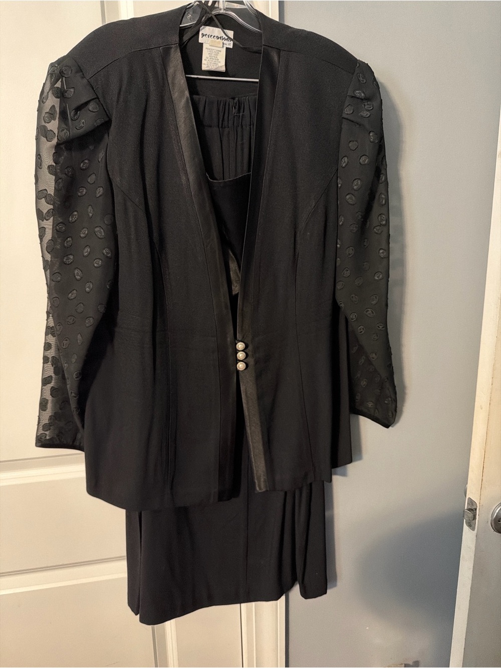 Black Women's Skirt Suit with Textured Sleeve Detail